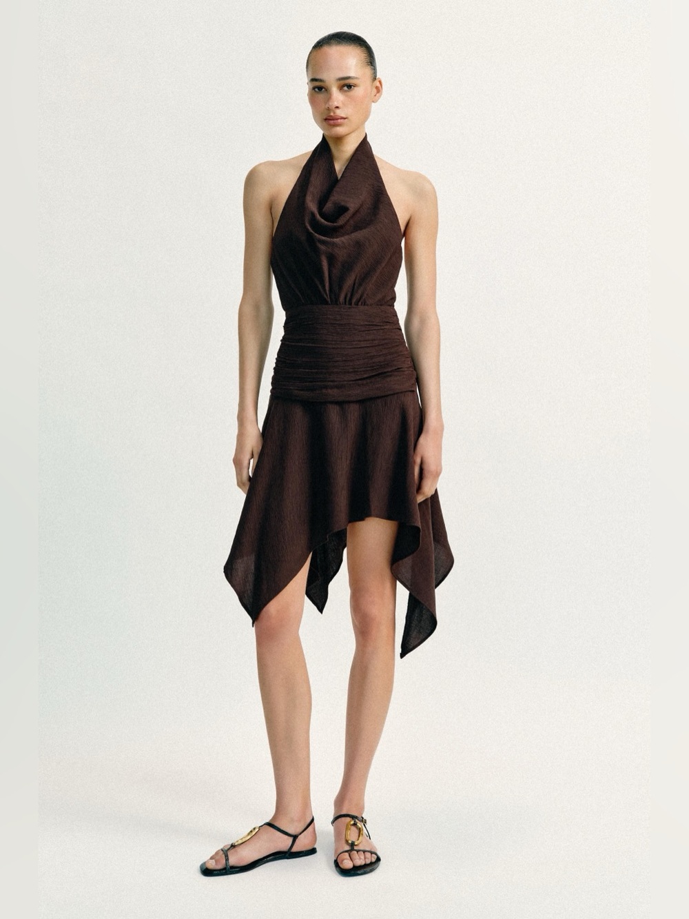 Zara Halter Backless Mini Dress wth Asymmetric Hem in Dark Brown